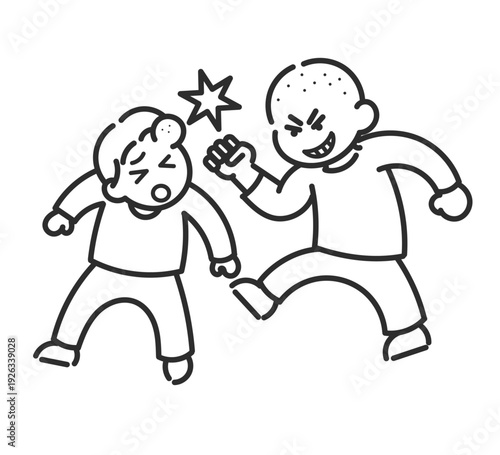 暴力を振るう男児のイラスト　線画のみ