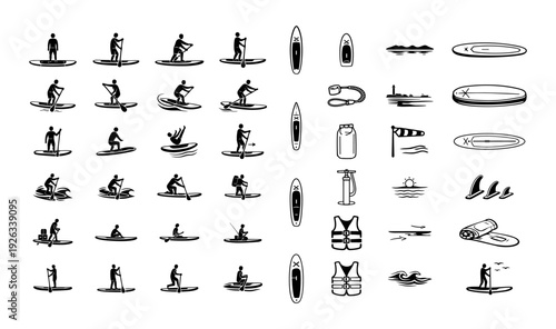 Stand Up Paddleboarding Icons Collection Minimal Black and White Water Sports Line Art Set