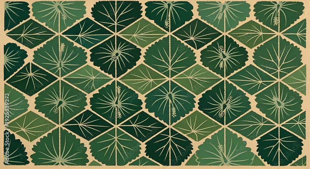 Obraz premium Geometric pattern with stylized green leaves in a repeating diamond arrangement