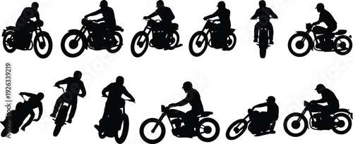 Motorcycle rider silhouettes collection performing dynamic riding poses, biker sport action isolated black vector illustration set