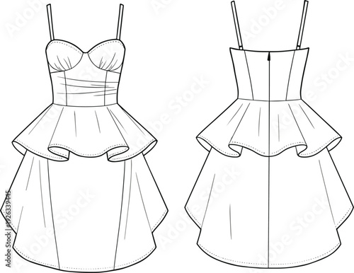Flat technical sketch of sweetheart neckline dress with spaghetti straps, peplum waist detail, gathered bodice, high-low hem, zipper back closure.