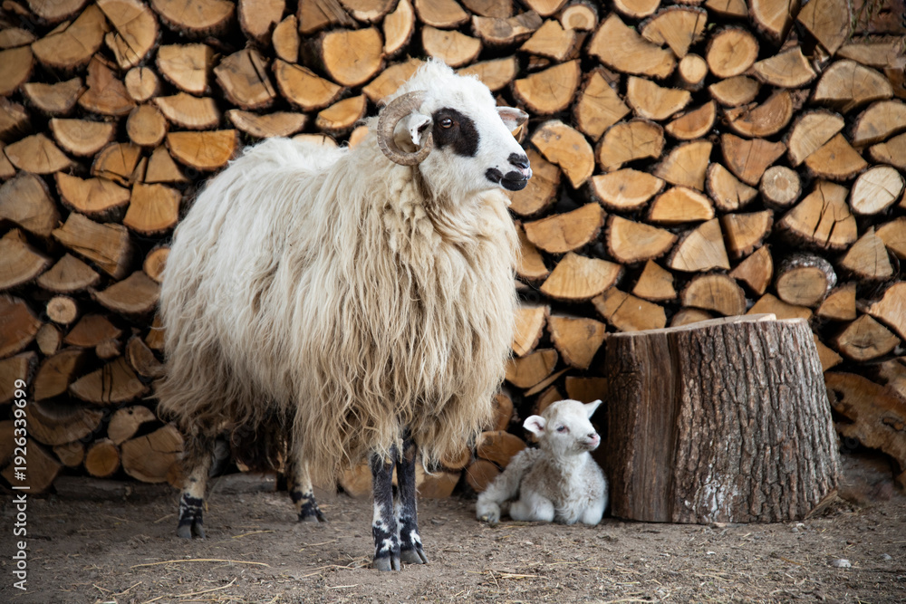 Obraz premium Small newborn lamb and ewe.