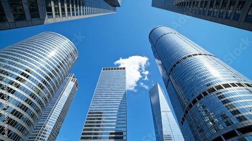 Low Angle View of Modern Glass Skyscrapers Against Clear Blue Sky, Urban Business Architecture