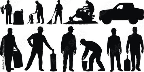 Industrial service workers silhouettes with equipment and tools, maintenance cleaning and utility staff isolated black vector illustration set