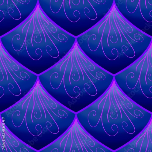 Abstract purple swirl seamless arabic style pattern on deep blue gradient background
