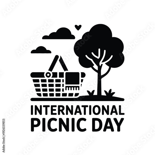 International picnic day icon featuring basket tree and clouds in black silhouette