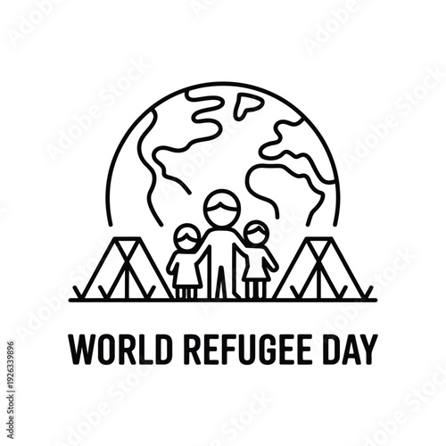 World refugee day line art banner with earth globe family and tents background