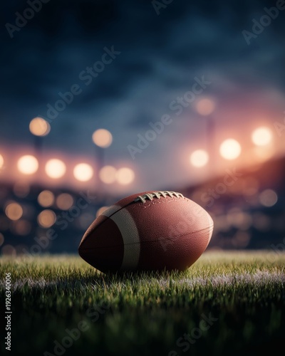 Wallpaper Mural Close view of leather football resting on grass with blurred stadium lights during evening game atmosphere. Torontodigital.ca