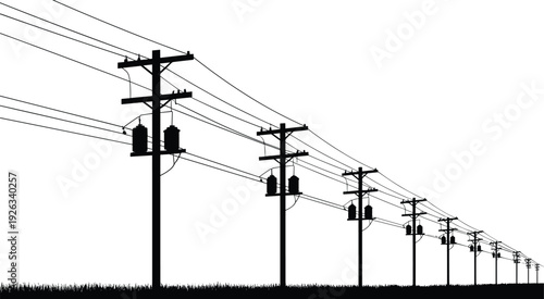 Electric power line poles with transformers silhouette, energy distribution infrastructure isolated black vector illustration