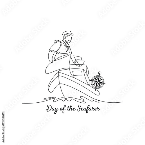 One continuous line art drawing seafarer sitting on ship and steering wheel