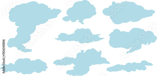 Collection of eight abstract light blue cloud shapes on white background