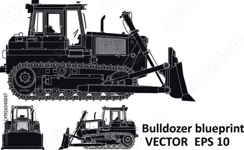 Bulldozer blueprint vector illustration with detailed crawler tractor, construction equipment technical drawing, heavy machinery side front vie engineering blueprint style isolated on white background