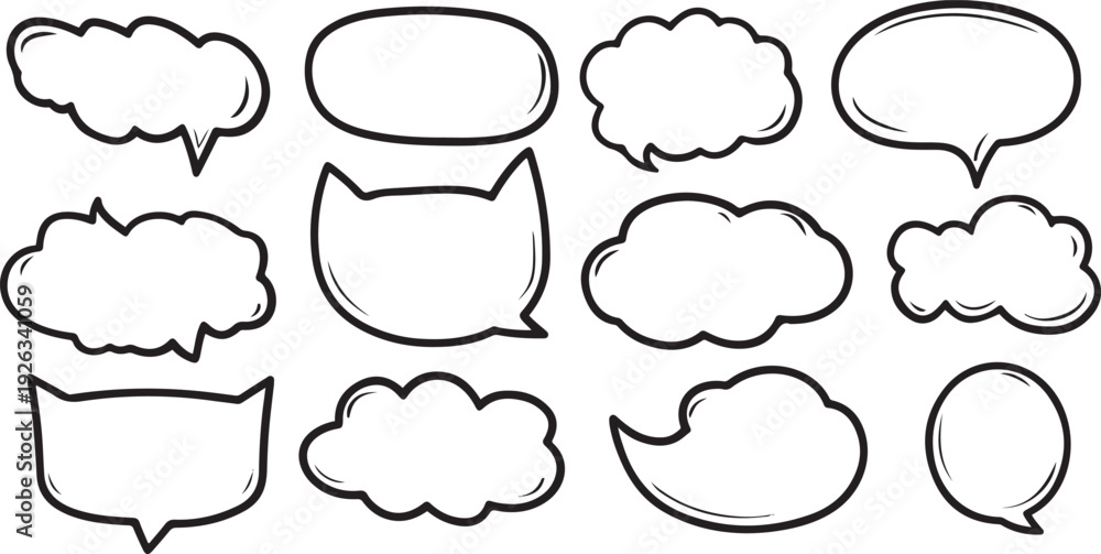 Fototapeta premium Collection of twelve hand drawn black and white speech bubbles