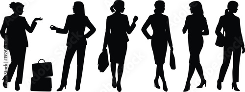 Business women silhouettes collection with handbags and briefcases, professional female office workers isolated black vector illustration set