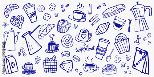 Set of cute cafe menu elements. Hand drawn collection of coffee, cake, matcha, bread, croissant, cookies, tea, latte art. Design for print, cartoon, wallpaper, restaurant, cafe, sticker.