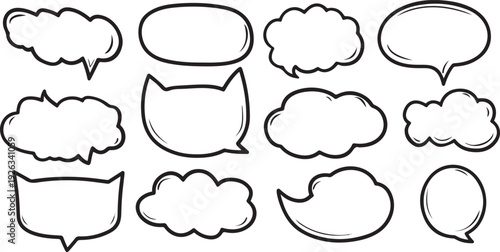Collection of twelve hand drawn black and white speech bubbles
