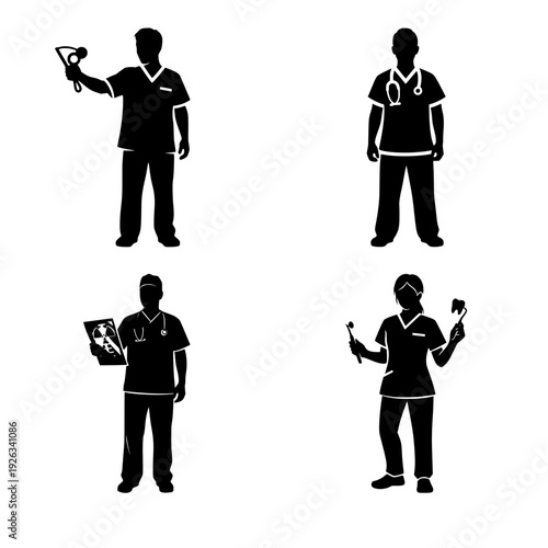 Set of medical professional silhouettes in various poses