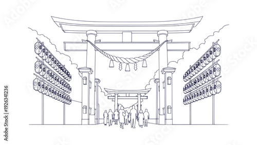 Serene Japanese Shinto Shrine Torii Gate with Traditional Lanterns and People Vector Illustration