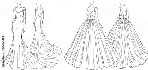 Elegant wedding and evening gown vector illustration, front and back view bridal dress fashion sketch isolated on white