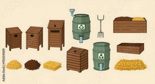 Illustrated composting bins and gardening tools with organic materials collection