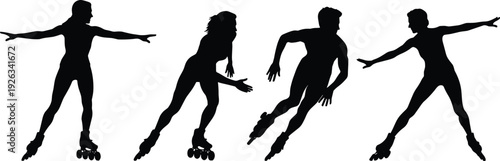 Roller Skating Silhouette Set of Male and Female Skaters in Dynamic Action Poses, Inline Skates Sport Activity Vector Illustration Isolated on White Background(25words)