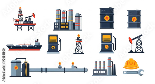 Oil and gas industry production and transportation icons set for energy.