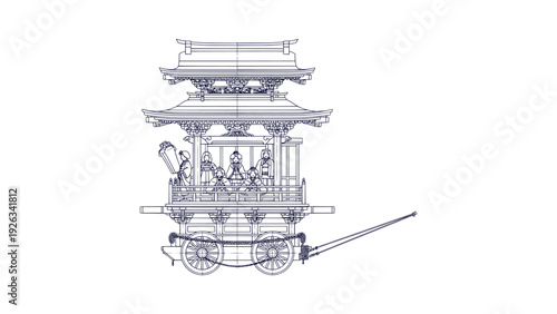 Japanese Traditional Matsuri Festival Float Detailed Blueprint Line Art Vector Illustration