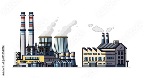Industrial complex illustration depicting power plants and factories with smoke emissions.