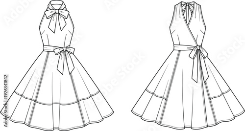 Elegant sleeveless bow tie dress vector illustration, front and back view women fashion design isolated on white