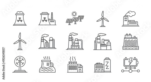 Various energy production methods and power plant icons in a row.