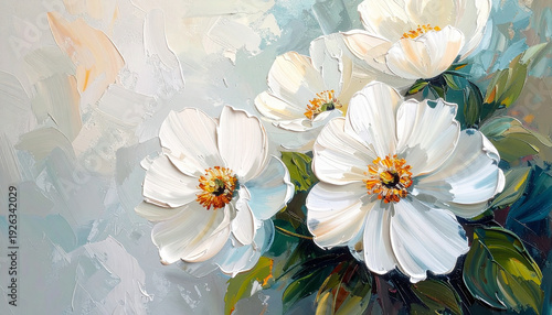 Abstract oil painting of white flowers, hand-drawn, vibrant brush strokes, rich textures, artistic style, floral
