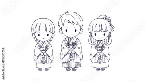 Adorable Japanese Chibi Kids in Traditional Kimono Attire Cultural Festival Celebration Outline Vector