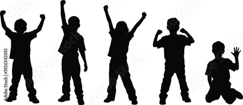 Black vector silhouette set of diverse children celebrating with raised arms for youth achievement school education success sports victory and happy childhood lifestyle branding