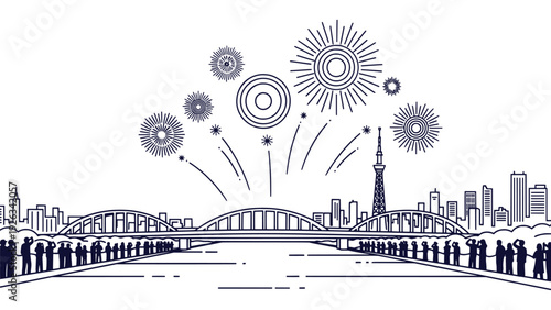 Tokyo City Skyline Fireworks Festival Celebration Viewers Bridge Skytree Outline Vector