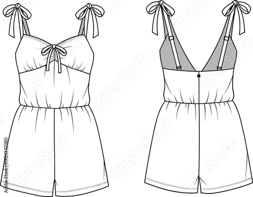 Flat technical vector sketch of women’s tie strap romper with sweetheart neckline, elastic waist, back closure, and gathered front design
