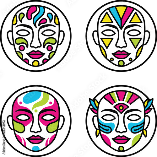 Abstract Tribal Masks Collection with Colorful Geometric Patterns and Creative Design Elements