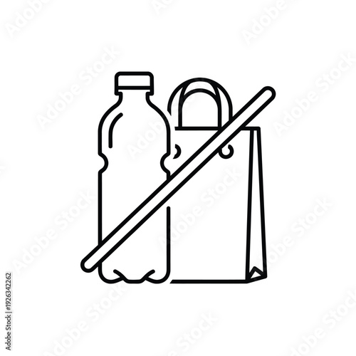Reduce plastic waste icon showing crossed out water bottle and paper shopping bag
