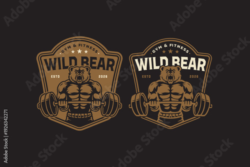 Wild bear lifting a barbell retro badge logo design for gym club. Grizzly weightlifting vintage patch sticker pack for fitness sport. Powerful bear strength rustic emblem element bundle for sport