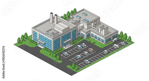 Modern Industrial Building with Parking Lot.