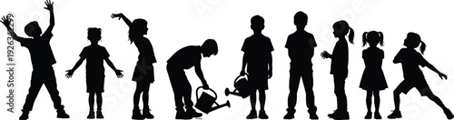 Black vector silhouette set of diverse children playing gardening and standing in various poses for school education youth lifestyle and family branding design(25words)