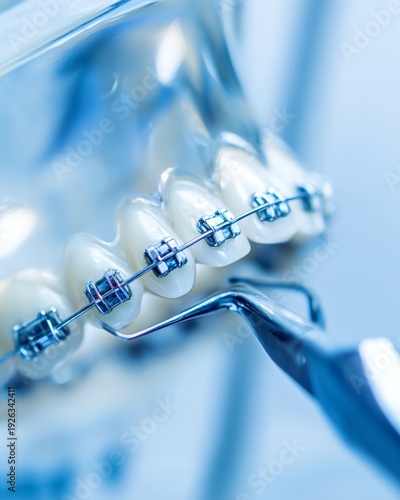 Wallpaper Mural Macro view of orthodontic brackets and wire on teeth during dental procedure with instrument. Torontodigital.ca