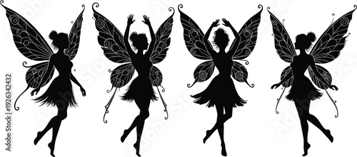 Fairy silhouettes collection with detailed butterfly wings, magical fantasy female characters dancing, elegant winged sprites vector illustration isolated on white background, enchanted myth concept