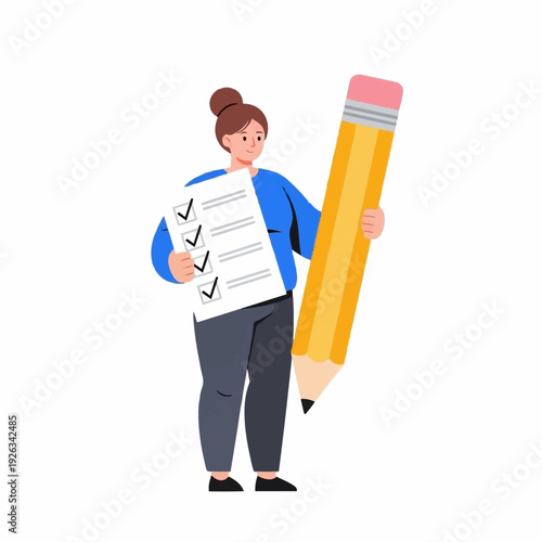 Businesswoman holds a large yellow pencil and a checklist document confirming successful task completion and evaluation.
