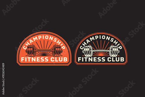 Barbell championship retro badge logo design for fitness club. Strength training gym vintage patch sticker pack for gym sport. Powerlifting barbell rustic emblem element bundle for exercise training