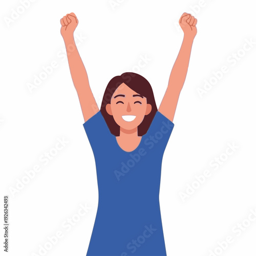 Joyful young woman raises both arms above her head in a clear gesture of success, victory, and enthusiastic celebration.