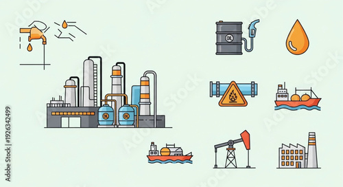 Oil refinery and related industry icons representing energy and production.