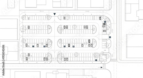 Detailed architectural plan of a parking lot with multiple vehicle spaces.