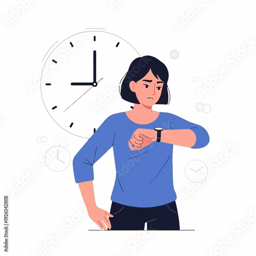 Stressed woman looks anxiously at her wristwatch while checking the time against a large wall clock indicating a deadline.