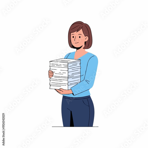 Woman employee carries a large stack of paperwork while managing overwhelming administrative office tasks.