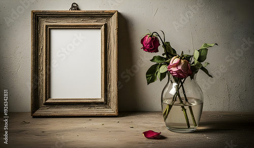 A moody still life featuring an empty wooden frame beside wilted roses in a glass vase on a rustic table. Soft lighting and textured background create a nostalgic, melancholic atmosphere.